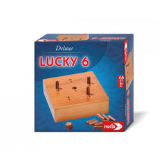 Noris Deluxe Lucky 6 board game box featuring a colorful design and wooden game board with pegs for gameplay.