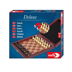 Noris Deluxe Magnetic Chess set in a blue wooden box, featuring a checkerboard and various colored pieces.