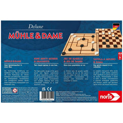 Noris Deluxe Morris & Checkers board game packaging featuring vibrant blue design, checkered game boards, and bold text.