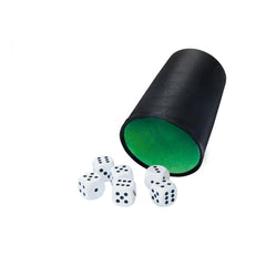 Noris dice cup with 6 white dice inside, featuring a black exterior and green top against a plain white background.