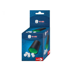 Noris dice cup set featuring 6 dice in blue packaging with vibrant red and white patterns for board games.
