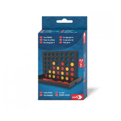 Noris Four in a Row board game packaging in blue with colorful pieces and Portuguese instructions for gameplay.