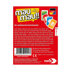 Noris Mau Mau Board Game packaging features red and yellow design with cards and playful graphics for German edition.