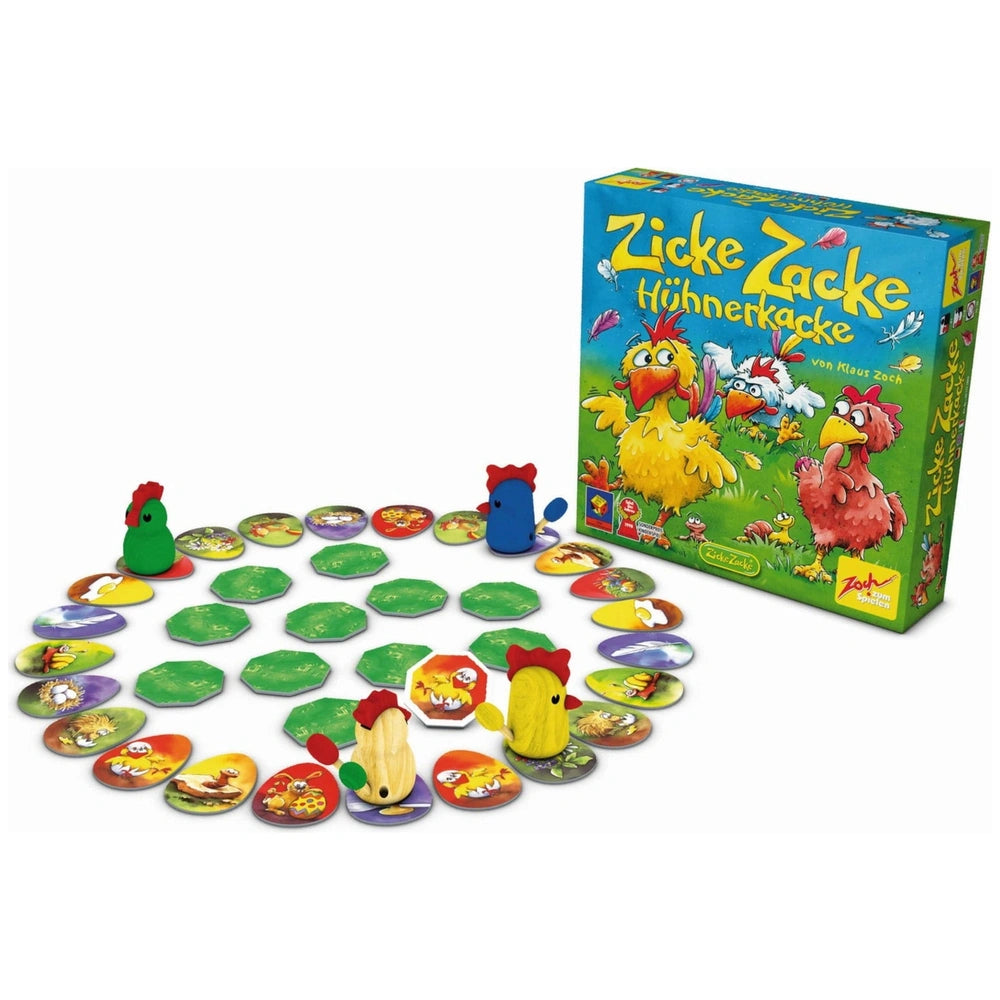 Noris Zicke Zacke Huhnerkacke board game featuring colorful cartoon chickens and a bright game box on a white background.
