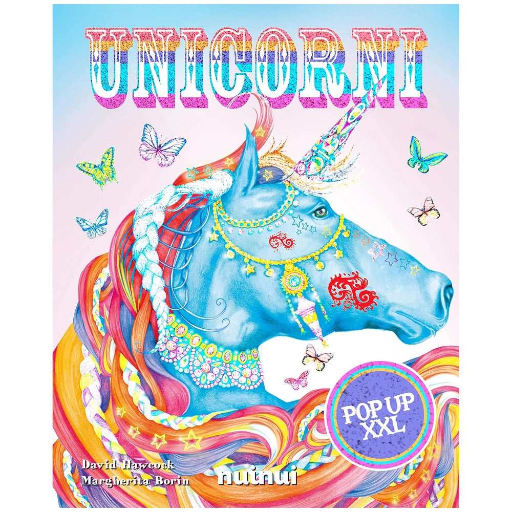 NUINUI Unicorni Pop Up XXL packaging features a colorful unicorn with a rainbow mane, surrounded by butterflies and decorativ