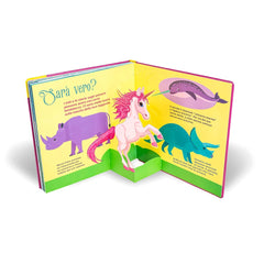 NUINUI Unicorni Super Pop-Up book packaging features a matte cardboard with glossy paper, showcasing colorful illustrations a