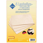 Pebaro birch plywood plates, DIN A4 size, 5mm thick, shown stacked on a yellow background with product logo.