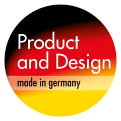 German flag-themed circular label with "Product and Design" text, "made in germany" beneath.