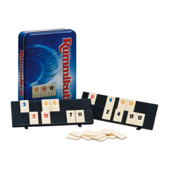 Rummikub metal box board game in matte blue cardboard with white plastic game pieces and board featuring numbers 3 to 13.