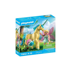 Playmobil Magic Unicorns Sunshine Blossom set features a brown toy horse, pink fairy, and warning labels on matte cardboard p