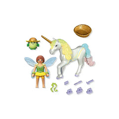 Playmobil Magic Unicorns playset features a shiny unicorn and a matte fairy with a green dress and metallic bowl.