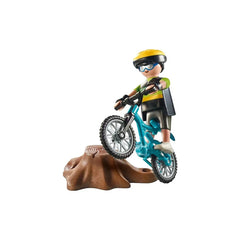 PLAYMOBIL Mountain Biker toy playset features a blue bicycle, yellow helmet, and a plastic figure on a wooden base.