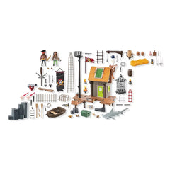 Playmobil Pirate-Harbor playset featuring colorful houses with various roof styles and wooden, metal, and plastic components.