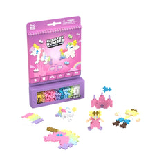 Plus Plus Fairytale Activity Pad featuring multicolored puzzle pieces, purple matte cardboard packaging with a transparent wi
