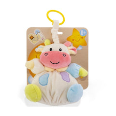 Plush & Co Mumoo Little Cow carillon plush in pink and white with yellow horn, blue nose, and colorful feet for babies.
