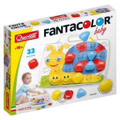 Quercetti FantaColor Baby activity toy packaging features a white background with red and green accents, showcasing colorful