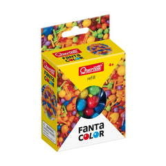 Quercetti FantaColor Refill packaging features a glossy yellow background, colorful candy graphics, and a warning for small p
