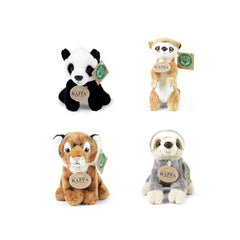 Rappa plush animals assortment features four eco-friendly stuffed toys with various colors and patterns, each tagged with a g