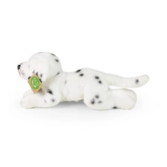 Plush Dalmatian stuffed animal lying on its side, featuring a soft texture and a tag with a green background.