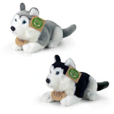 Plush husky dogs in white and black, featuring eco-friendly tags, displayed side by side on a white background.