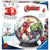 Ravensburger 3D puzzle ball featuring Marvel Avengers characters, prominently showcasing Iron Man against a blue and white ba