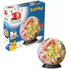3D puzzle ball featuring colorful Pokémon characters, packaged in blue and white cardboard with bold "3D PUZZLE" text.