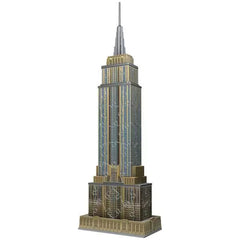 3D puzzle of the Empire State Building showcasing its sleek glass and metal design with stepped setbacks against a white back