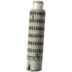 Ravensburger 3D Puzzle of the Leaning Tower of Pisa features a tall, white cylindrical structure with gray accents and decora
