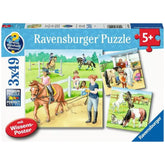 Ravensburger puzzle box features colorful illustrations of children and horses, designed for engaging play with 3x49 pieces.