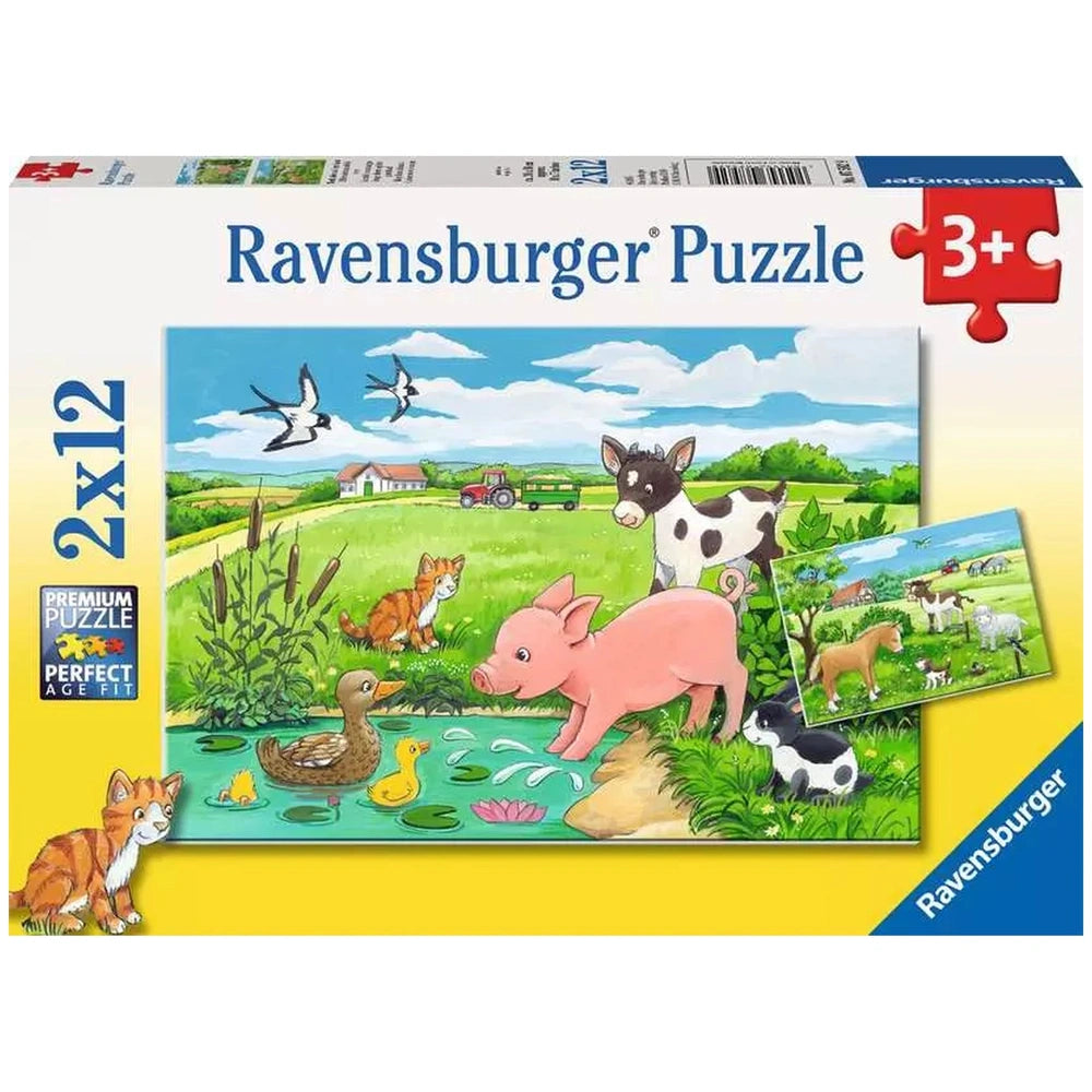 Ravensburger puzzle box featuring a farm animal theme with a visible puzzle inside, set against a yellow background.