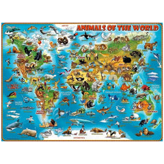 Ravensburger's colorful world map puzzle features various animals illustrated in their natural habitats across the Americas.