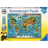 Ravensburger puzzle box featuring a colorful world map with animals, designed for ages 9+, with a glossy yellow and blue fini