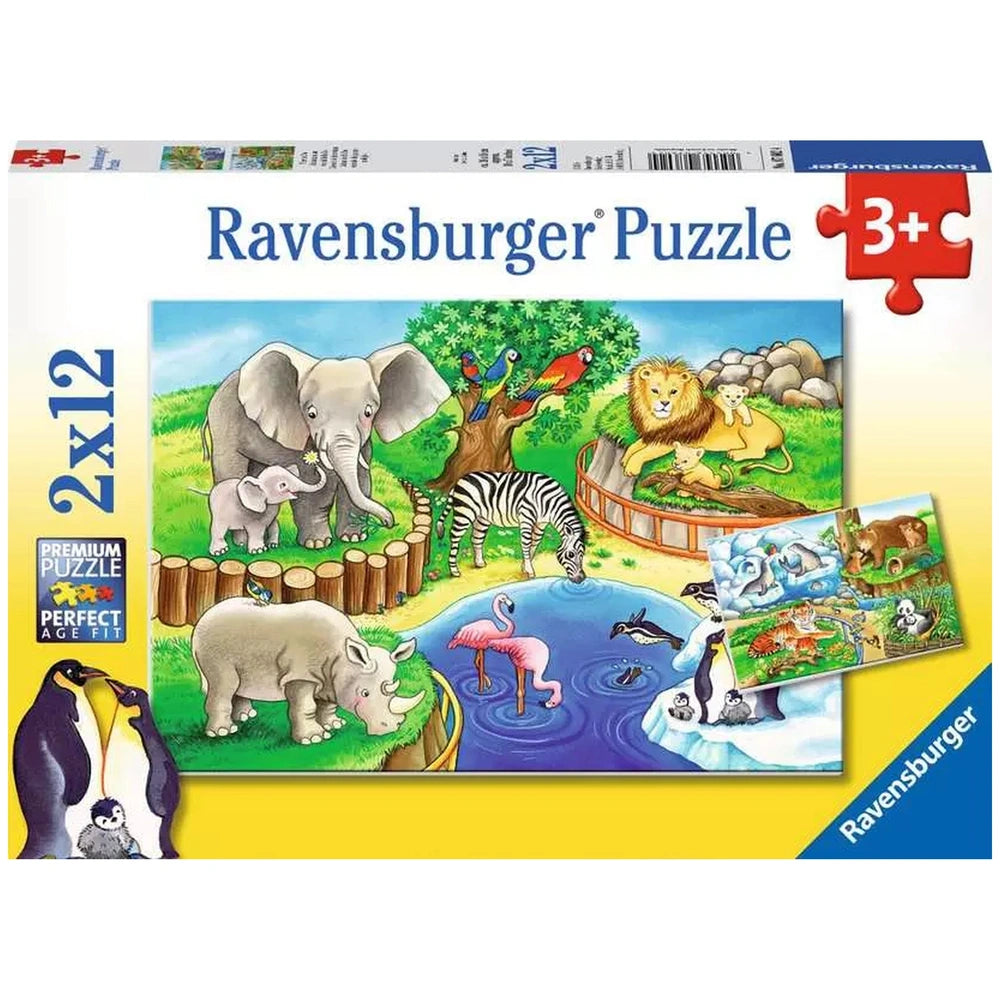 Ravensburger puzzle box featuring vibrant illustration of zoo animals like an elephant, zebra, rhino, and penguin in a natura