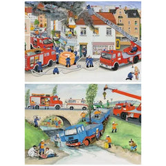 Ravensburger puzzle featuring two fire department scenes with vibrant colors, a red fire truck, and a blue truck in a flood.