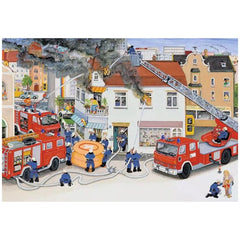 Ravensburger puzzle featuring firefighters battling a building fire with a red fire truck and urban scene details.