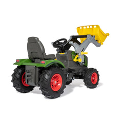 Rolly Farmtrac Fendt 211 Vario toy tractor features a green body, black tires with red rims, and a yellow bucket for outdoor
