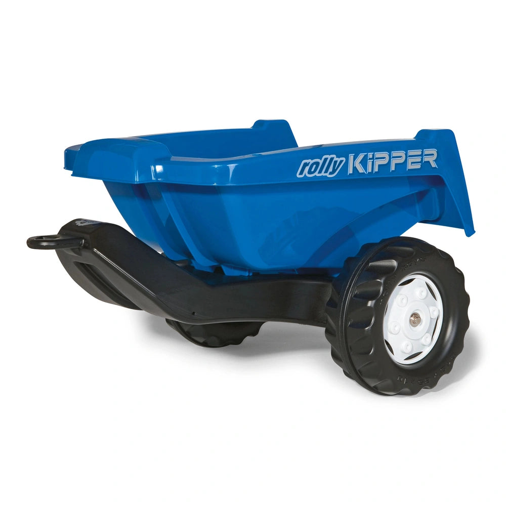 Rolly Toys Rollykipper II trailer features a blue toy lawn mower with black wheels and handle, designed for children's play.