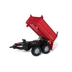 Rollymega red dump trailer with an open bed, black wheels, and a metal frame against a light-colored background.