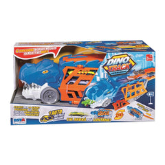 Dino Track Play Set features a colorful box with a blue and orange dinosaur theme and toy car, highlighting parking positions