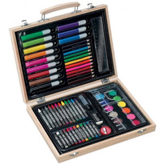 RS Toys Kids Activity Case features a wooden design, filled with organized art supplies including pencils, markers, and erase
