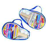 RS Toys table tennis playset featuring two blue and white racquets with wooden handles and tightly strung synthetic strings.