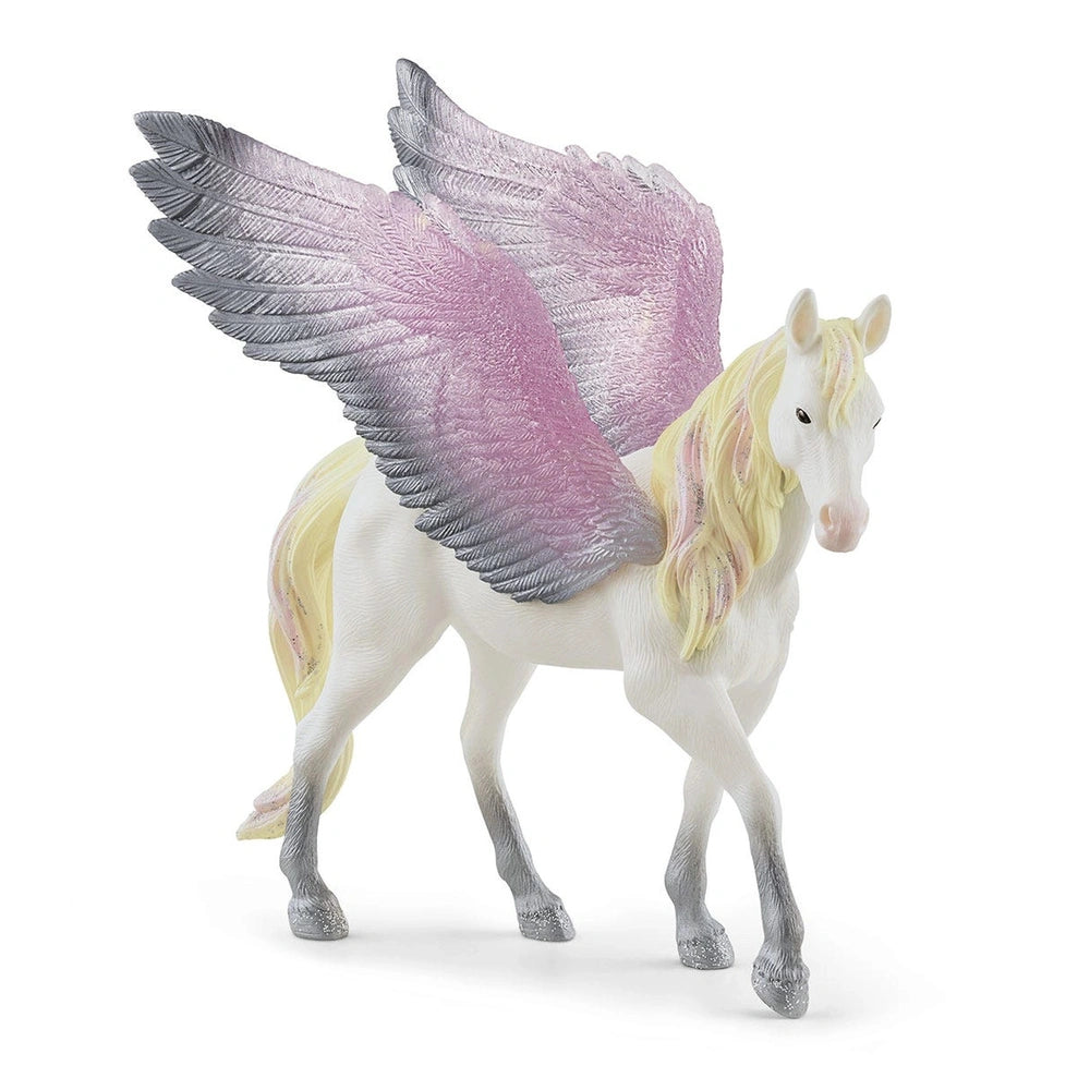 Sunrise Pegasus figurine features a white horse with yellow highlights and pink-grey wings, set against a plain white backgro