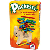 Schmidt Games Pack mule features a cartoon elephant carrying colorful blocks on a yellow cardboard packaging box.