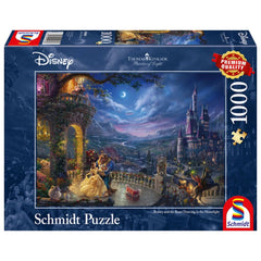 Schmidt Spiele's Disney puzzle box features a vibrant illustration of Beauty and the Beast dancing under a full moon.