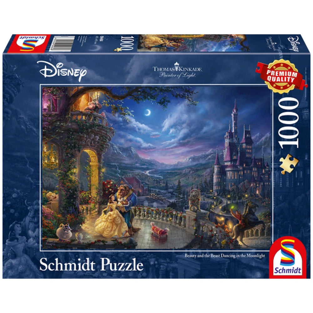 Schmidt puzzle featuring Disney's Beauty and the Beast, depicting Belle and the Beast in a moonlit castle courtyard scene.