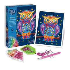 Arts & Creations Diamond Painting kit featuring a vibrant owl illustration on a box with colorful confetti sheets and a pink