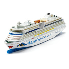 Siku AIDA Cruiseliner model features a glossy white hull with blue and yellow accents, lifeboats, and a decorative bow design