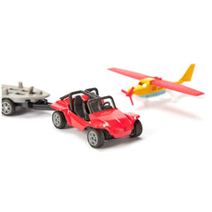 Siku Buggy in red with black accents and a sporting airplane in yellow with red accents on a smooth white background.