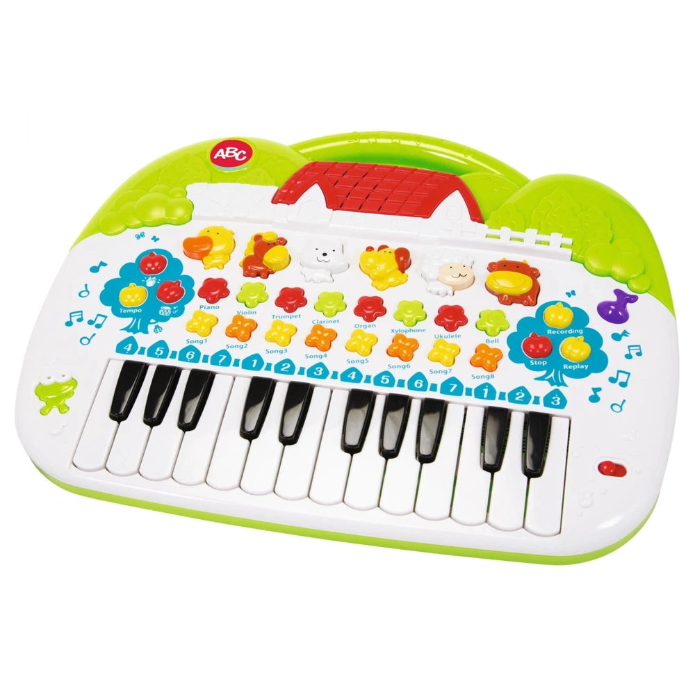 Simba ABC Animal Keyboard, a childrens musical toy with colorful buttons and instrument images for music learning fun.