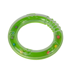 Simba ABC Ring Rattle features a green ring with colorful balls, designed for gripping and sensory play, set on a white backg